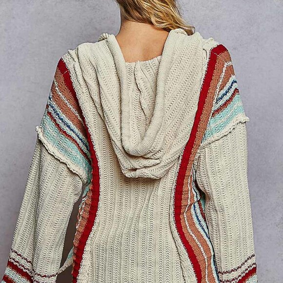 POL Chenille Hoodie with Striped Sleeves & Front Pocket  Cream Multi - Picture 3 of 3